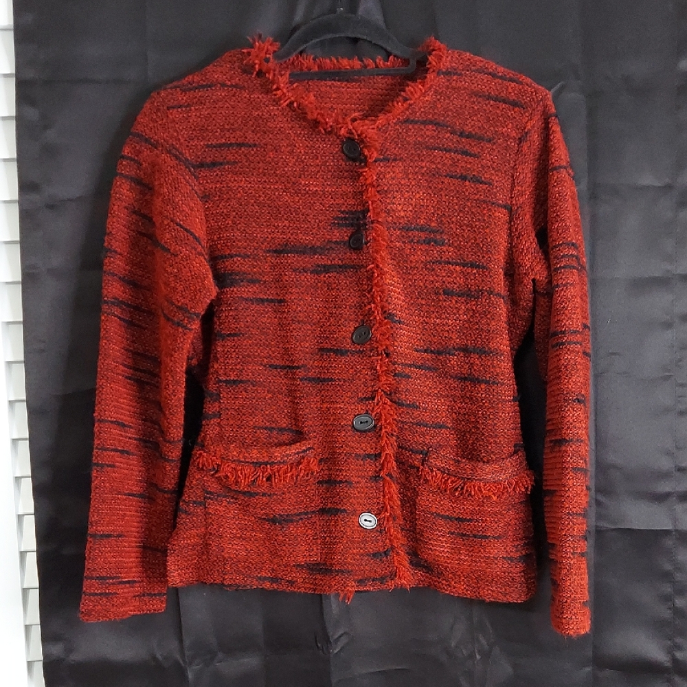 Coldwater Creek Jacket, Size M,‎ Tweed Soft Knit, Red & Black, Fringe, Pockets